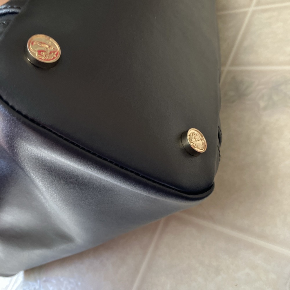 Spartina 449 Black Leather Tote Brown Handles Gold Zippers Plaid Accent 2 handle - Picture 9 of 10